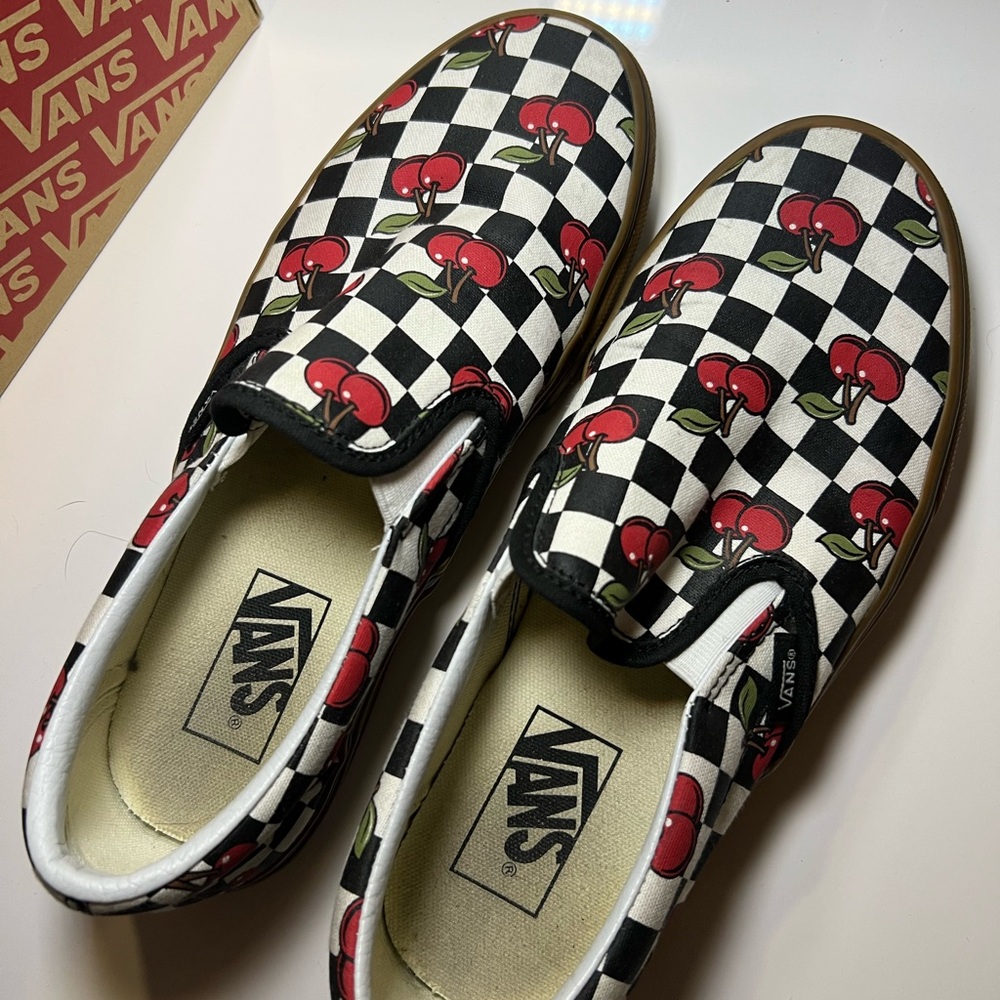 Vans Black and White Cherry Slip-On Sneakers - Picture 4 of 8